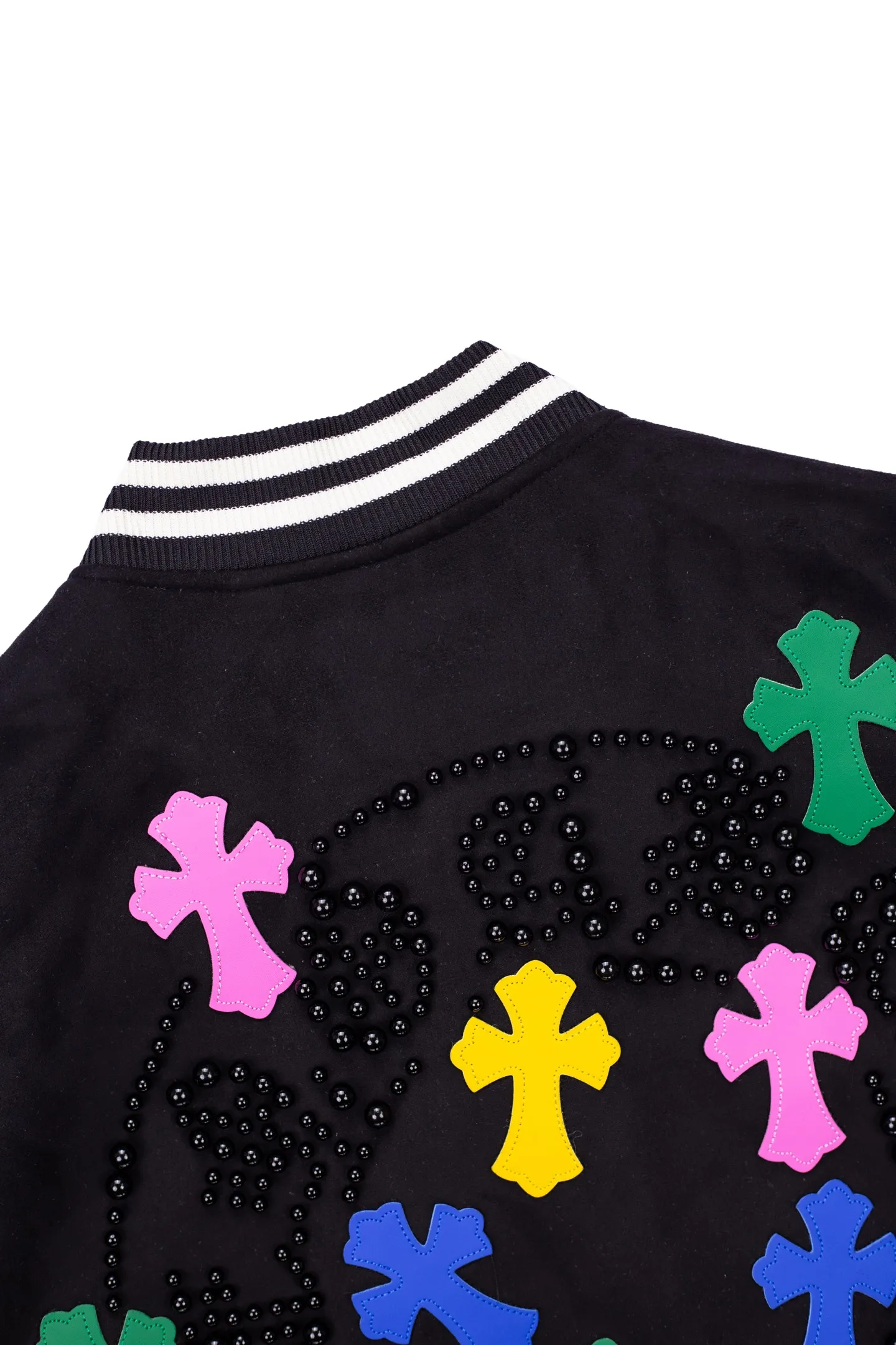 P340 Chrome Hearts heavy industry full pearl Sanskrit pattern baseball jacket jacket OS version can be worn by both men and women!  High thread count suede and cotton fabric! The texture is clear and smooth, not easy to wrinkle or fade!  The embroidery process is complex and repetitive. It takes 4 repeated embroideries to complete all the embroidery. ✅The requirements for the embroidery machine are very strict. We used an imported Tajima embroidery machine for the operation. Such small letters are so clear. We make clothes with care, and every detail must be restored one to one!  The hardware is all carved and cast, and they are all genuine from the original factory!  This piece of clothing consumes a lot of material, with more than 2 meters of material used for one piece of clothing! After the garment is made, it needs to be fixed at high temperature, washed at a water temperature of more than 70 degrees, and softened by adding softener to make the upper body softer and smoother!  The workmanship is extremely complex and can be called a handicraft!  Color: black